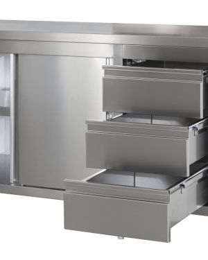 Edelstahl Arbeitsschrank mit Schubladenblock rechts. Türen und höhenverstellbaren Zwischenboden | Bautiefe 700mm |  AISI 304